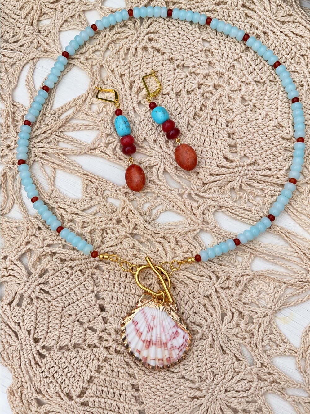 Boho Coastal Shell Pendant Necklace & Kingman Turquoise Carnelian Earring Set